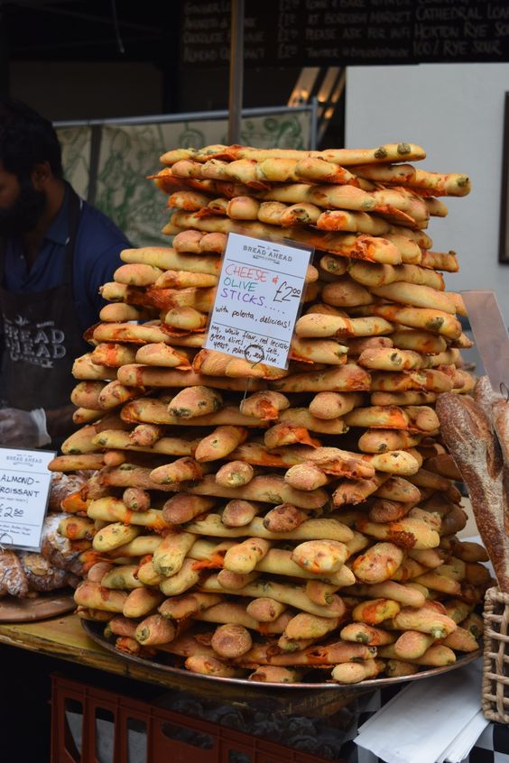 Cheese olive sticks in borough market, London